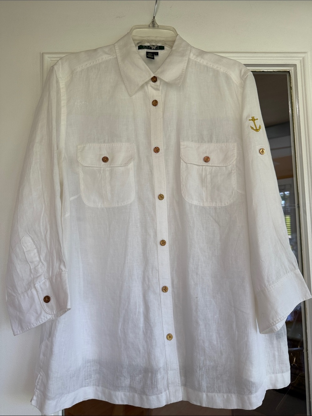 Lauren Ralph Lauren white linen button front shirt with anchor details - size 1X